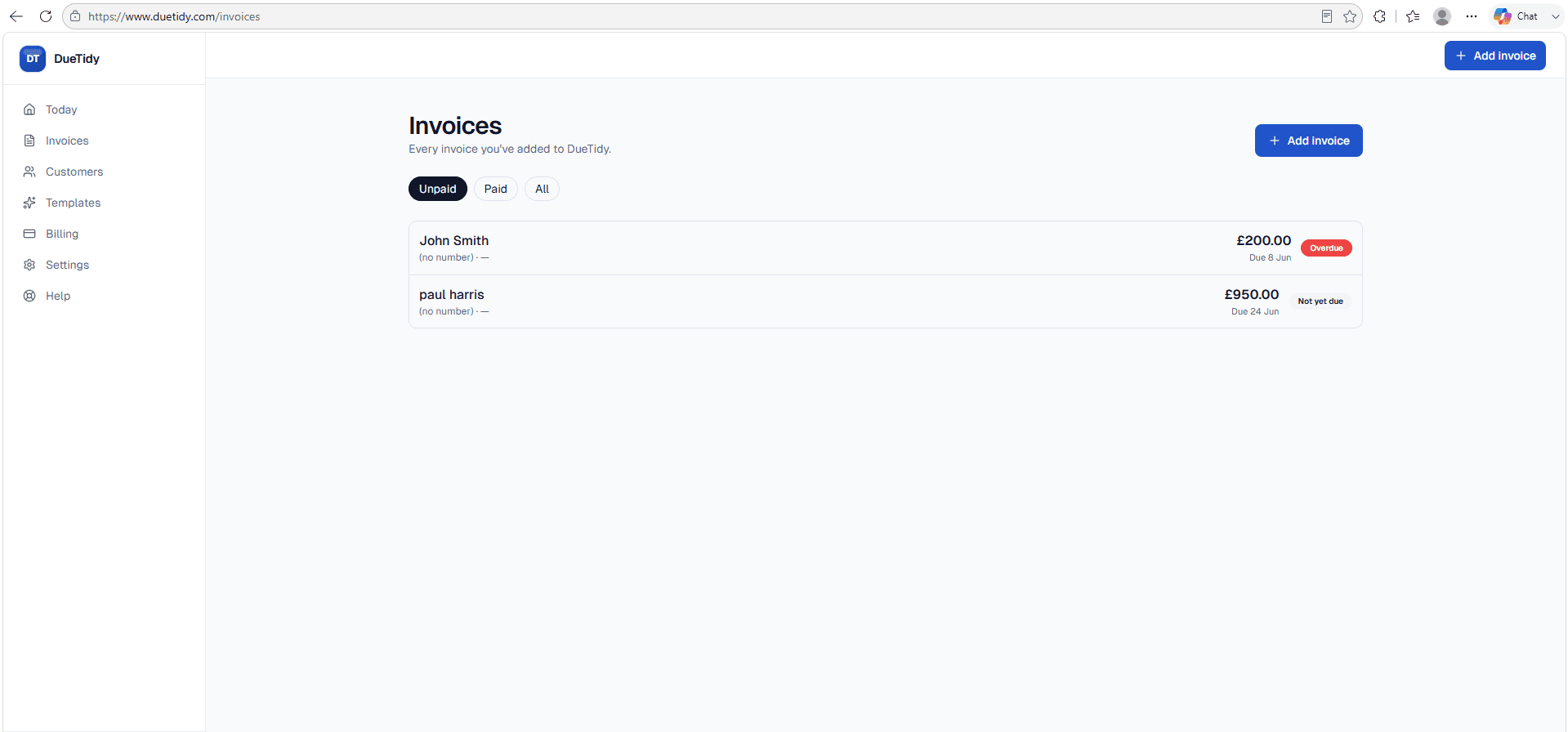 DueTidy invoices list showing an overdue invoice and one not yet due