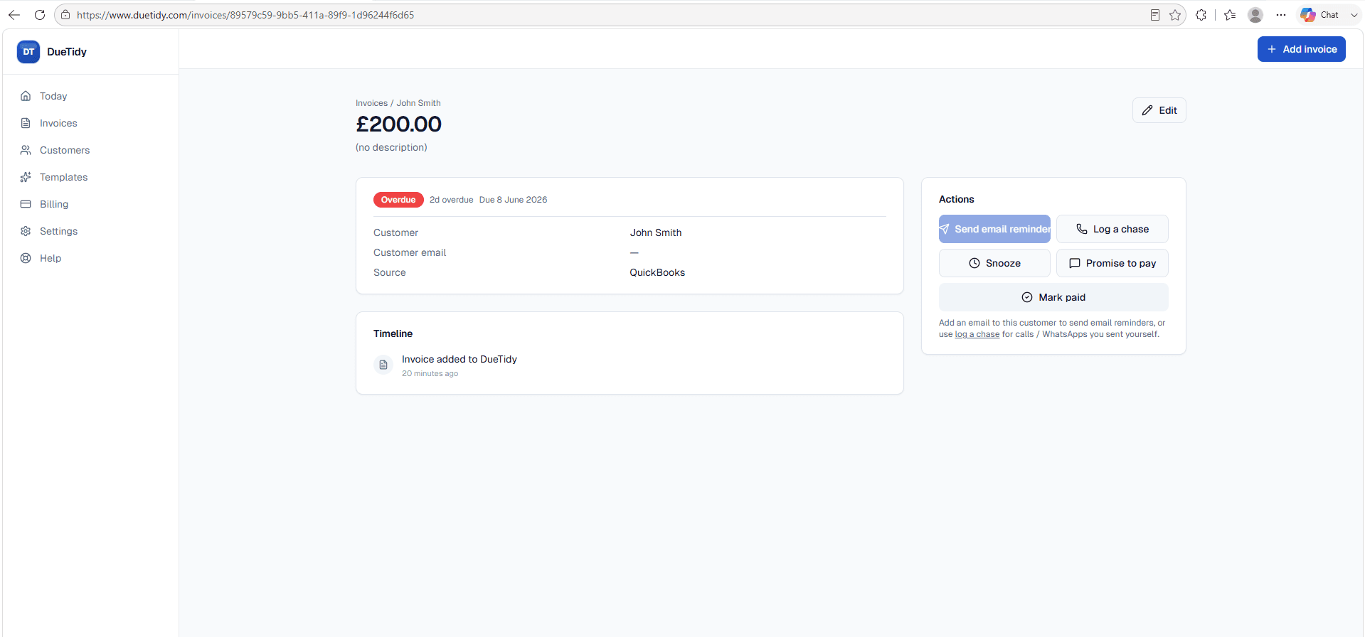 DueTidy invoice page showing the chase actions: Send reminder, Log a chase, Snooze, Promise to pay and Mark paid